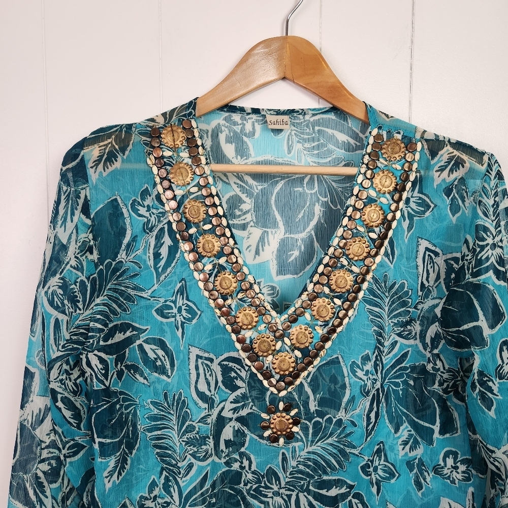 Sahiba Blue Tunic 3/4 Sleeves Swim Cover-Up Top Beaded Boho Bohemian Beach - Picture 3 of 9